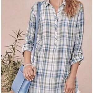 J. Jill Love Linen Lavender Plaid Popover Tunic Women's Small Preppy Top Blouse